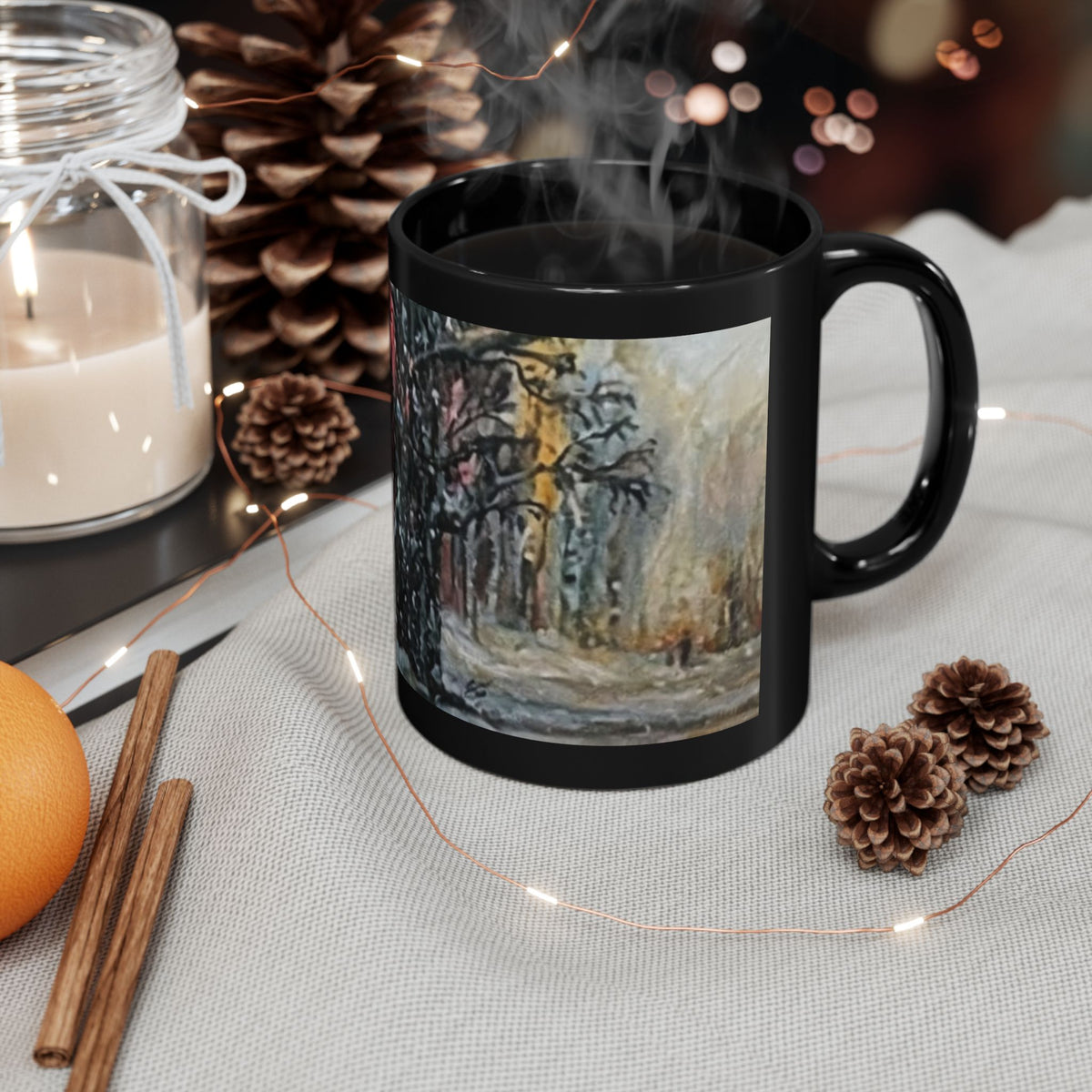 Snowy Forest Painting Mug | Snowy Tree Landscape on Black Ceramic