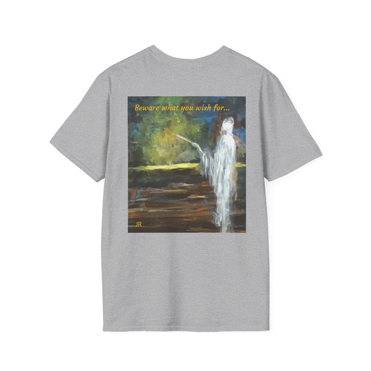 Ghostly Figure Makes Wishes Back Print T-Shirt | Minimal Script Logo