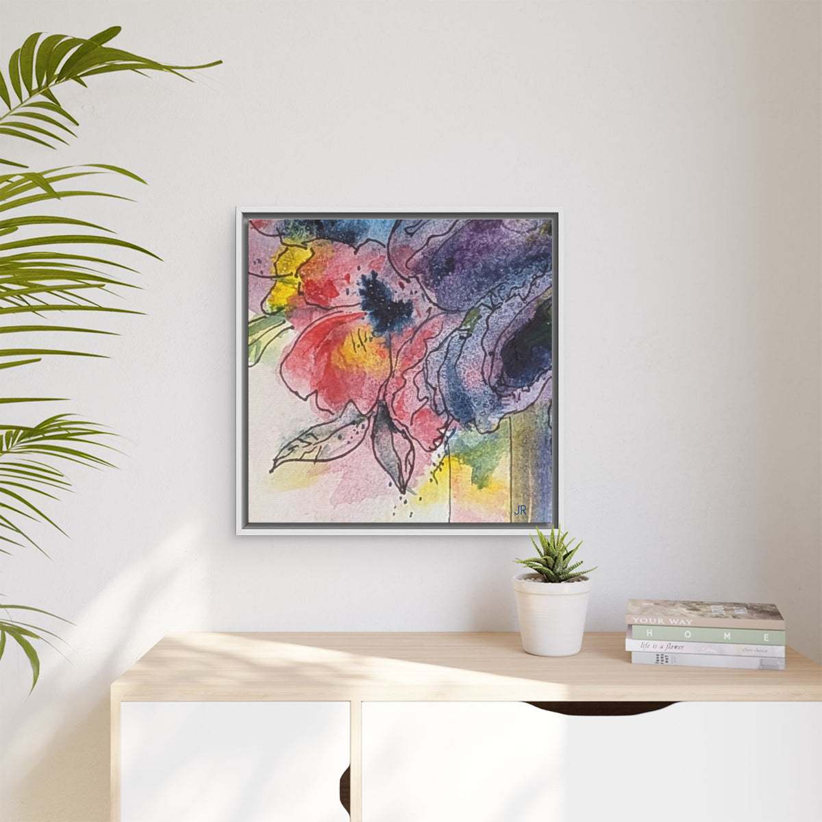 Framed Red Purple Floral Watercolor Canvas Print — Colorful Abstract Poppies