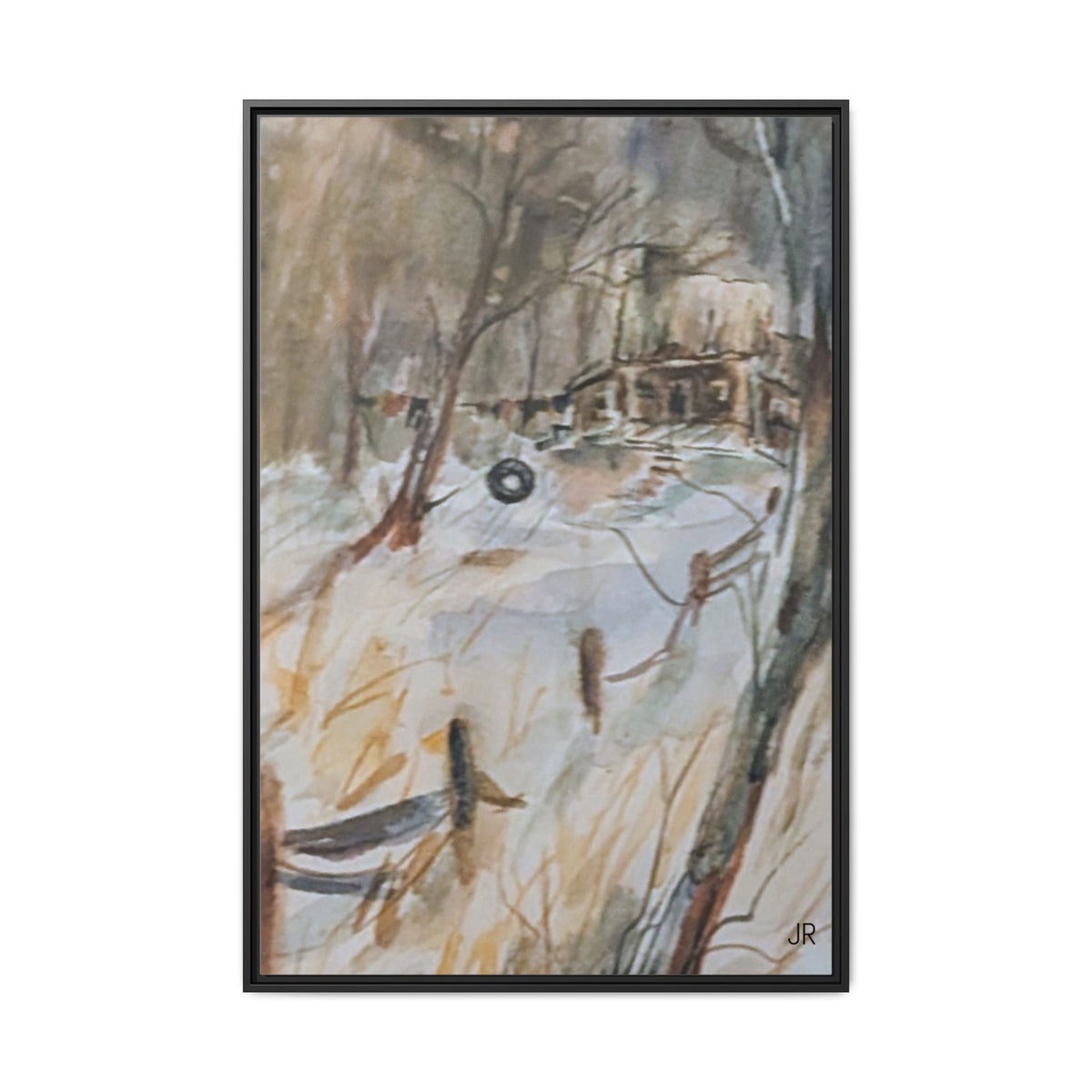 Winter Cabin Landscape Framed Canvas Print