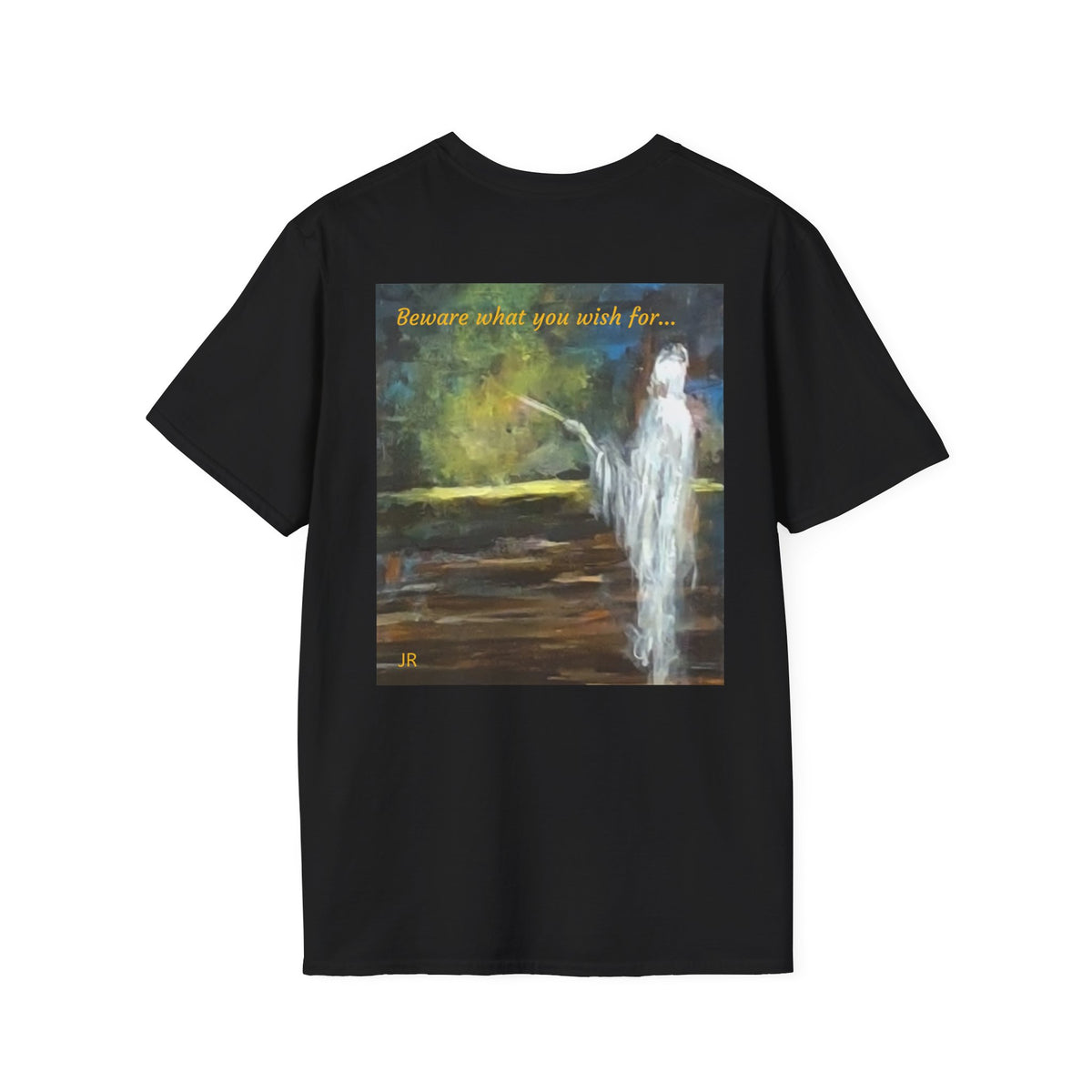 Ghostly Figure Makes Wishes Back Print T-Shirt | Minimal Script Logo