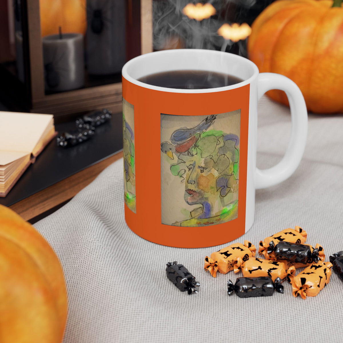 Abstract Watercolor Face & Bird Mug | Ceramic Orange Accent