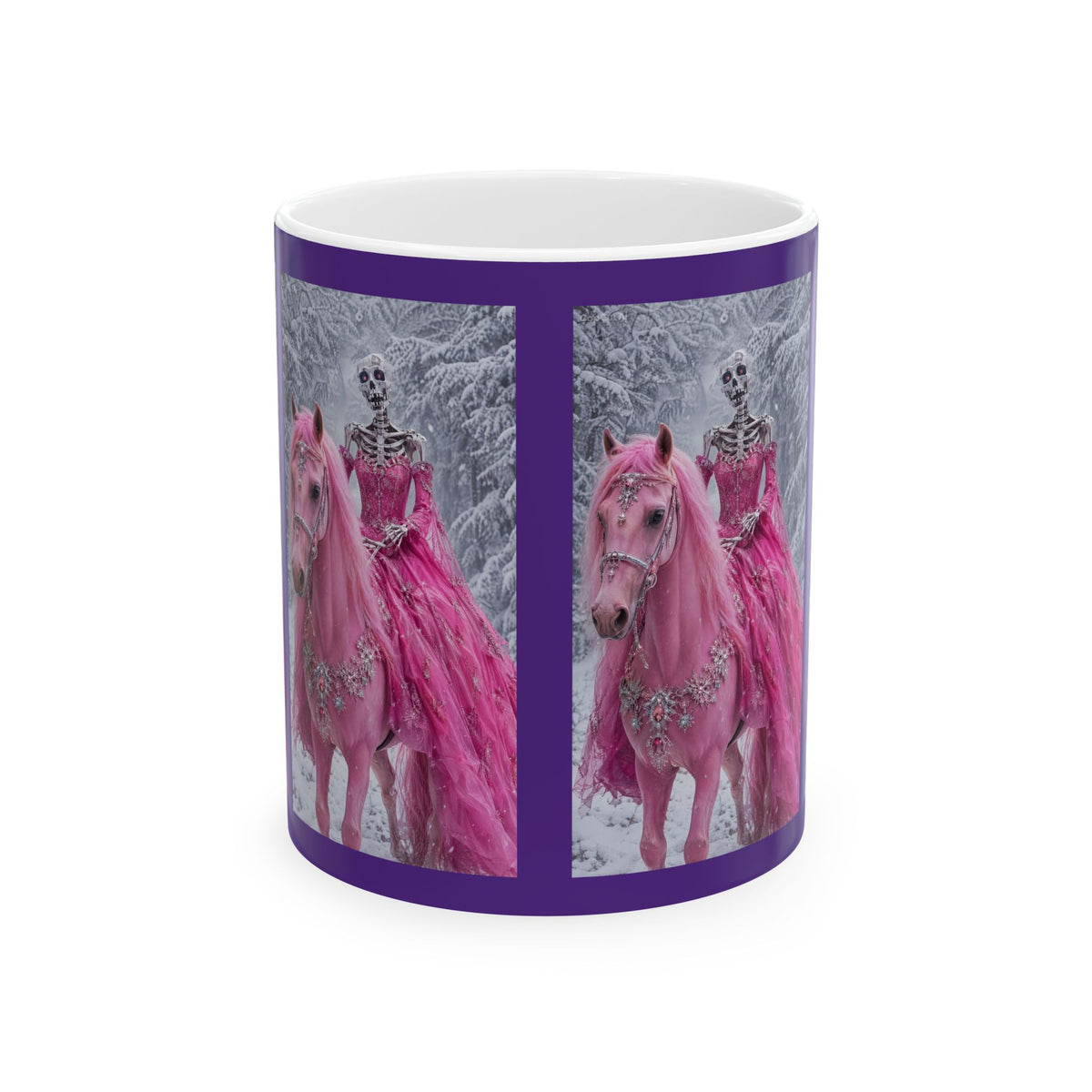 AI Pretty in Pink Skeleton on Horse Ceramic Mug