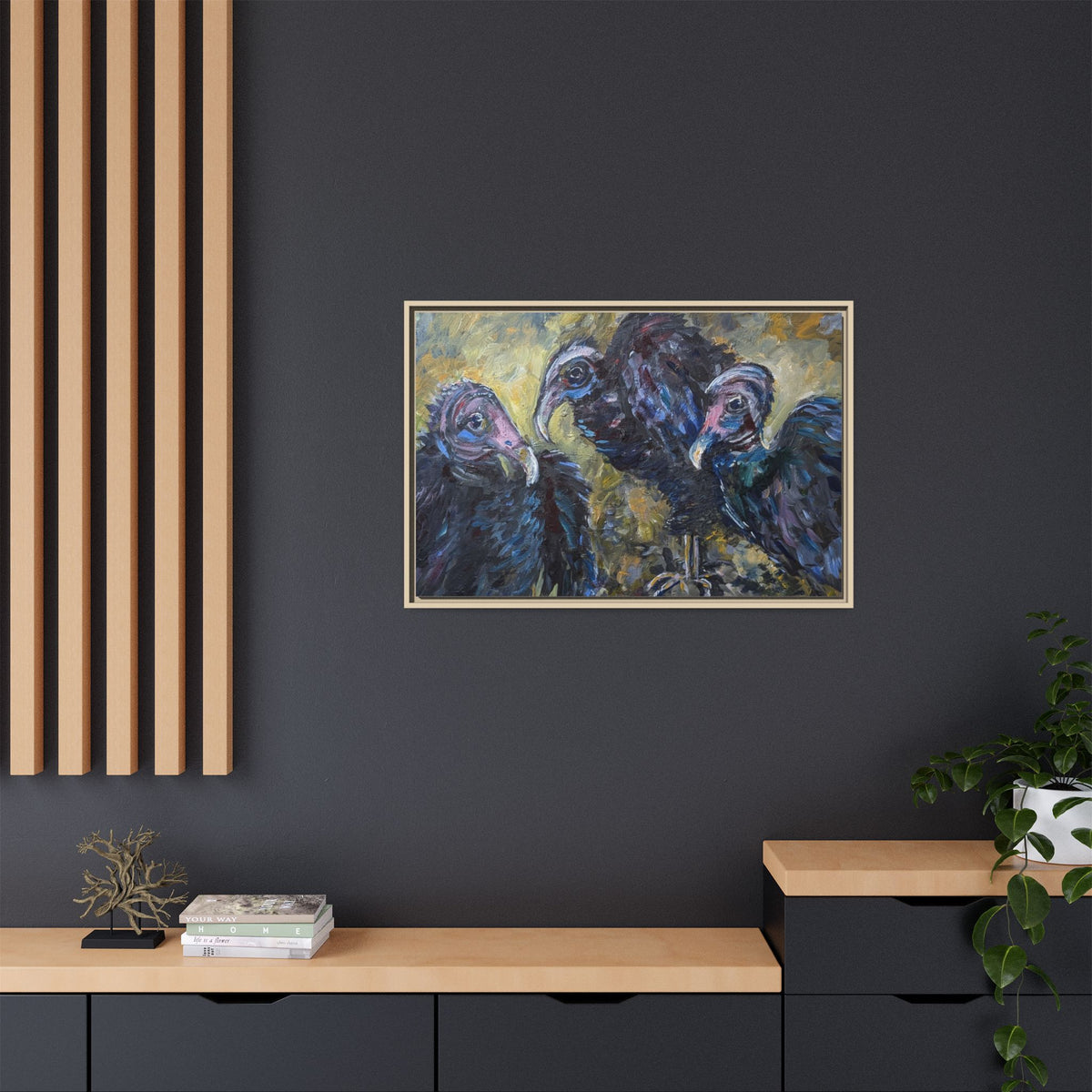 3 Vultures Painting  Framed Matte Canvas