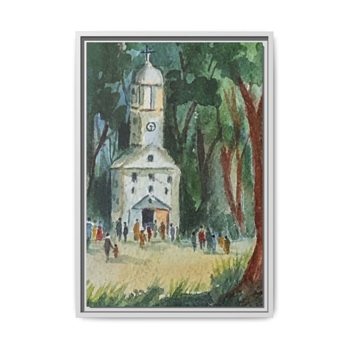 Watercolor Church Framed Matte Canvas Print  in Woodland Scene