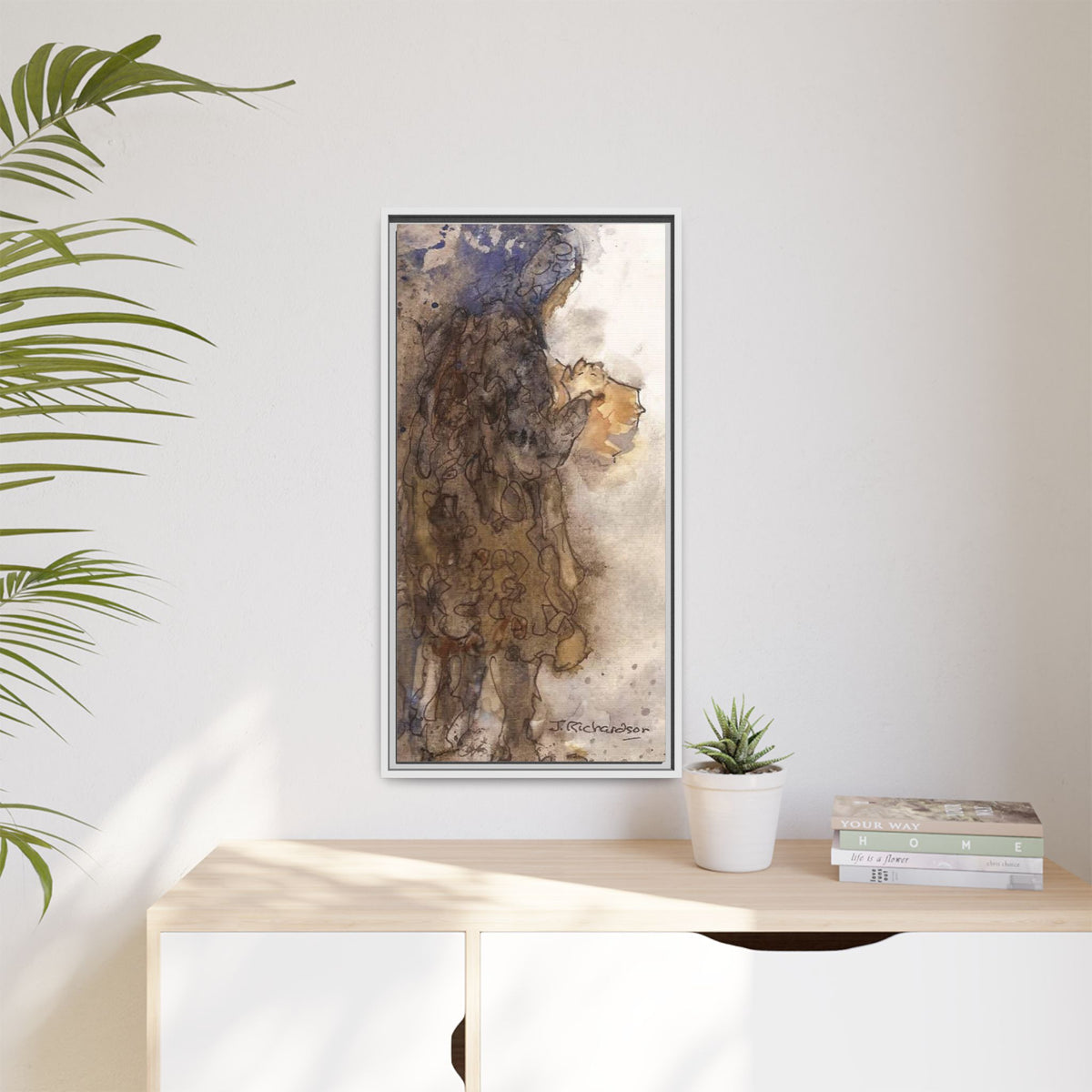Framed Matte Canvas — "Left Behind Homeless Woman" Watercolor Abstract (Earth Tones)
