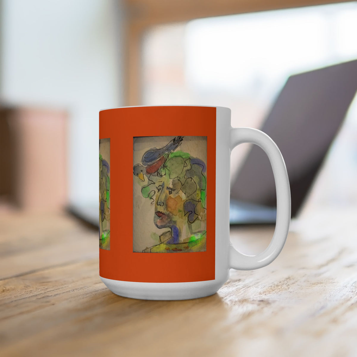 Abstract Watercolor Face & Bird Mug | Ceramic Orange Accent