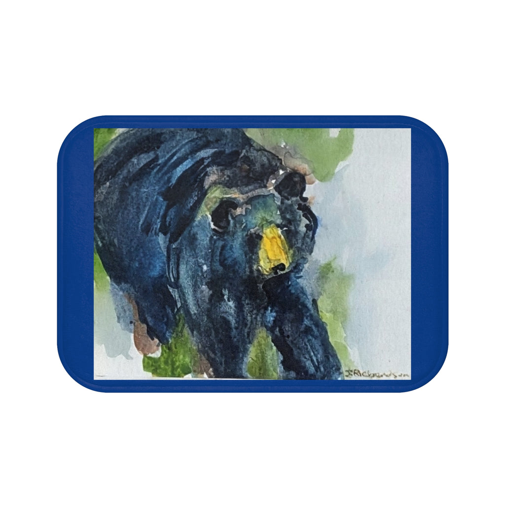 Black Bear Watercolor Bath Mat | Blue Border, Nature Wildlife