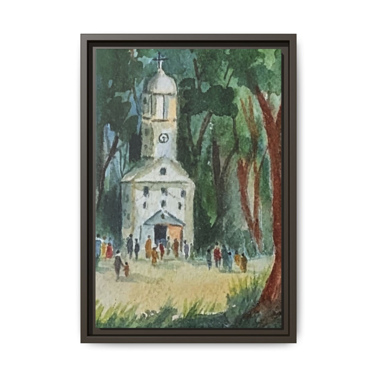 Watercolor Church Framed Matte Canvas Print  in Woodland Scene