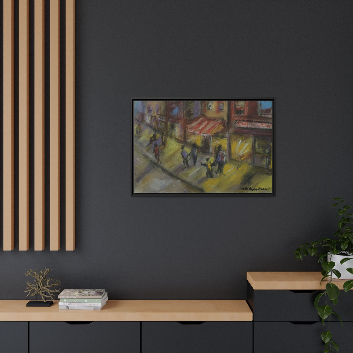 Framed Canvas Night Street Scene Pastel