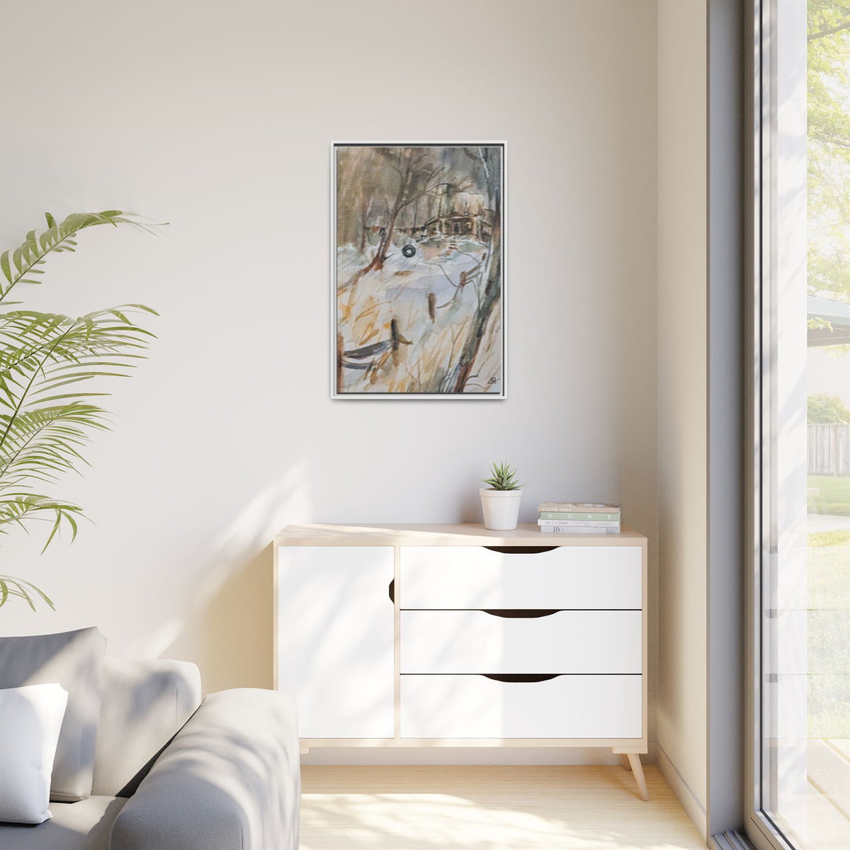 Winter Cabin Landscape Framed Canvas Print
