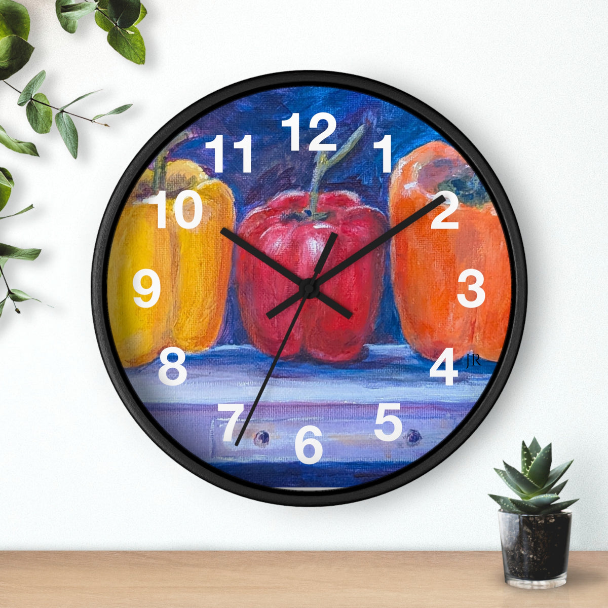 Three Peppers Still Life Wall Clock — Colorful Kitchen Art Clock
