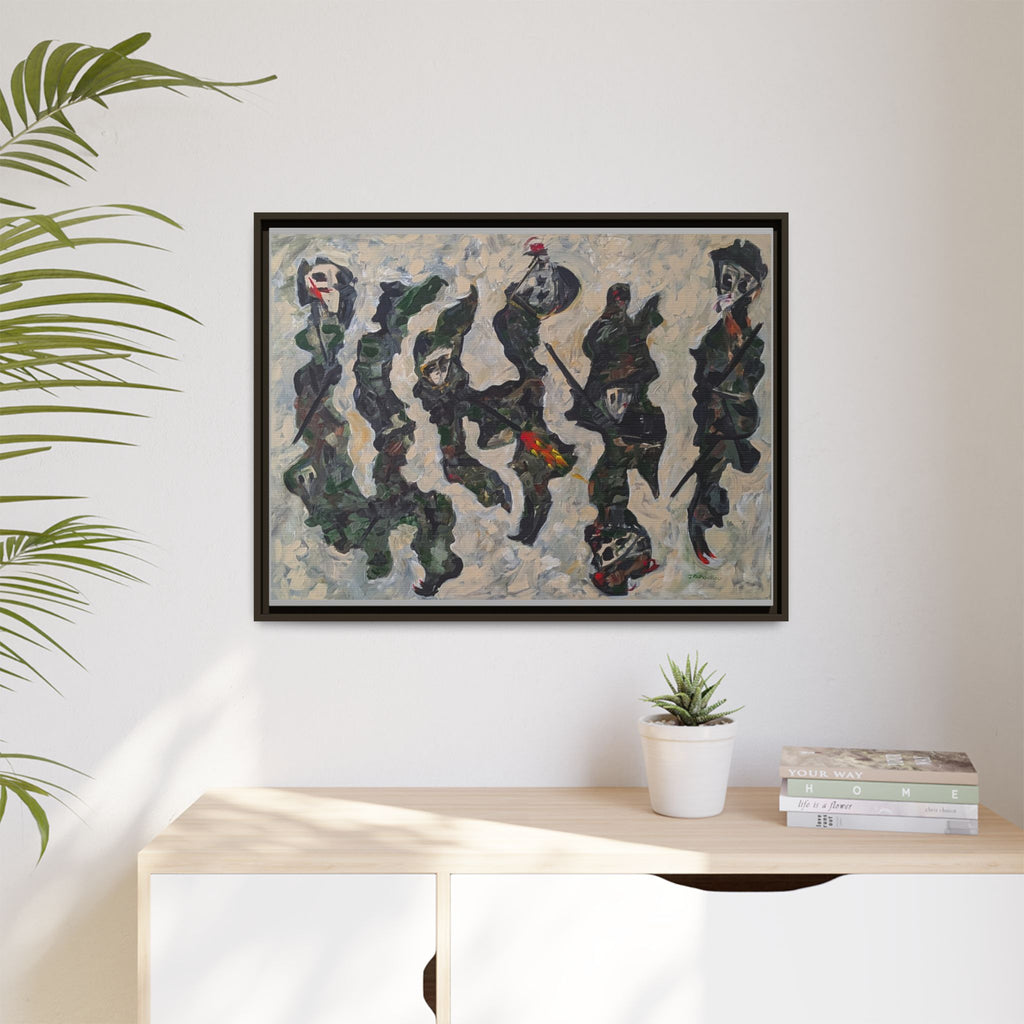 Abstract Military Figurative Matte Canvas Framed Wall Art — Multi‑Color