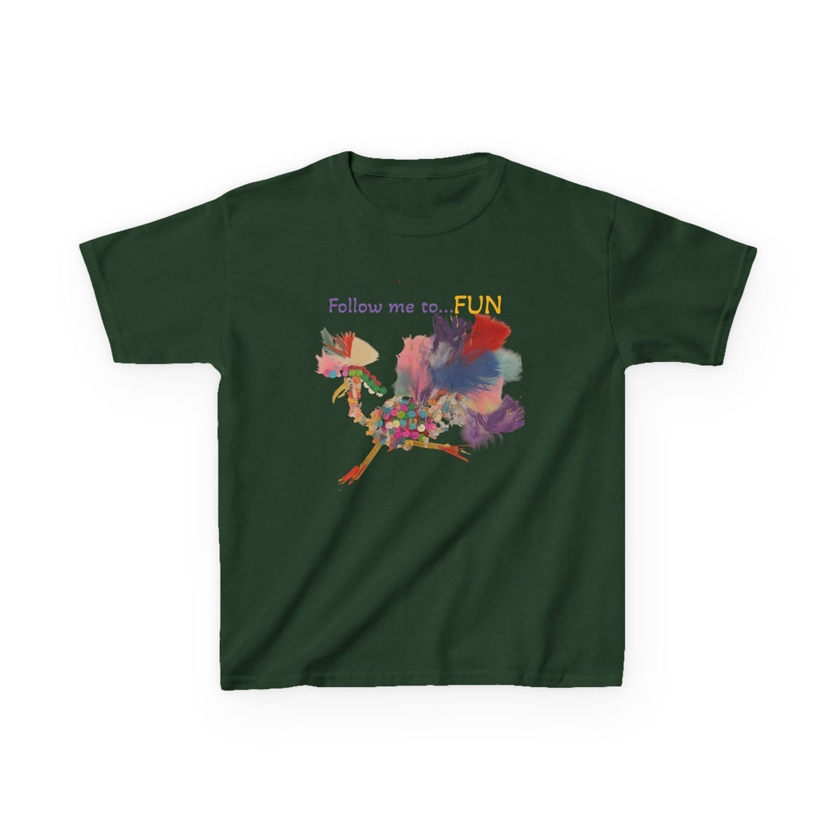 Follow Me to Fun l feathery bird l Kids Tee | colorful whimsical bird design