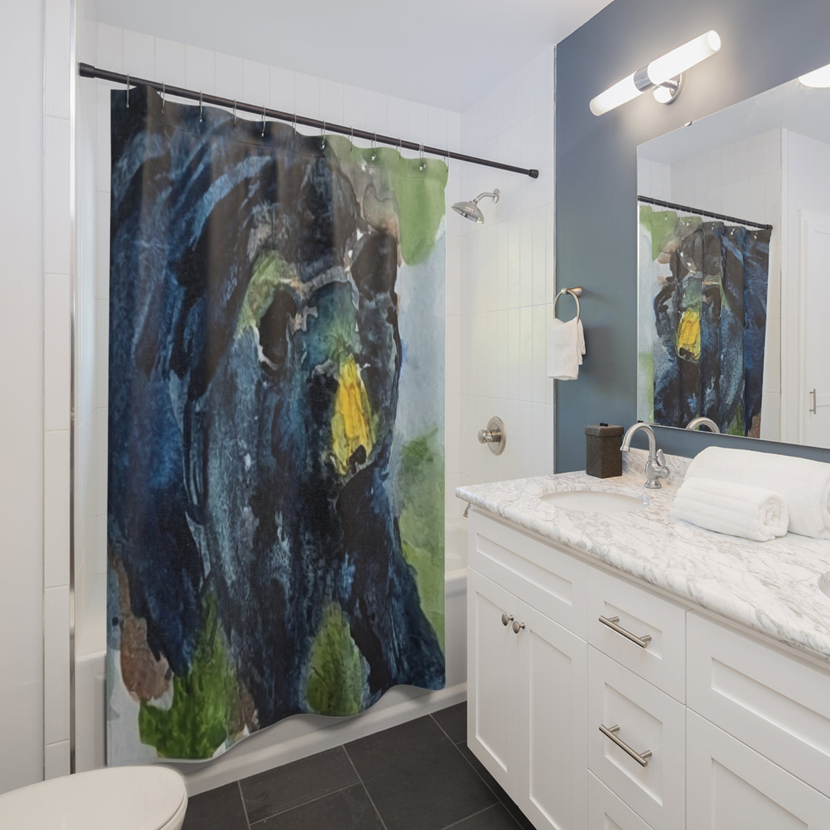 Black Bear Shower Curtain, Watercolor Wildlife Design