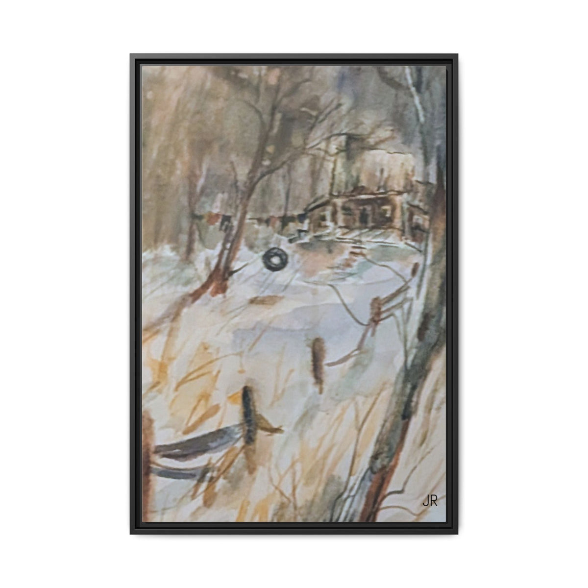 Winter Cabin Landscape Framed Canvas Print