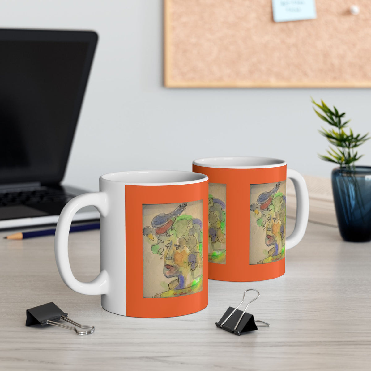 Abstract Watercolor Face & Bird Mug | Ceramic Orange Accent