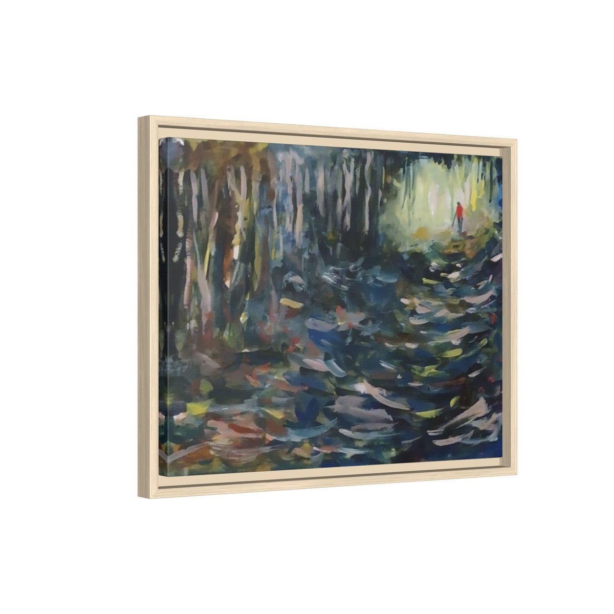 Into the Light Acrylic Matte Canvas Framed | Red-Coated Figure, Blue-Green Impressionist Wall Art