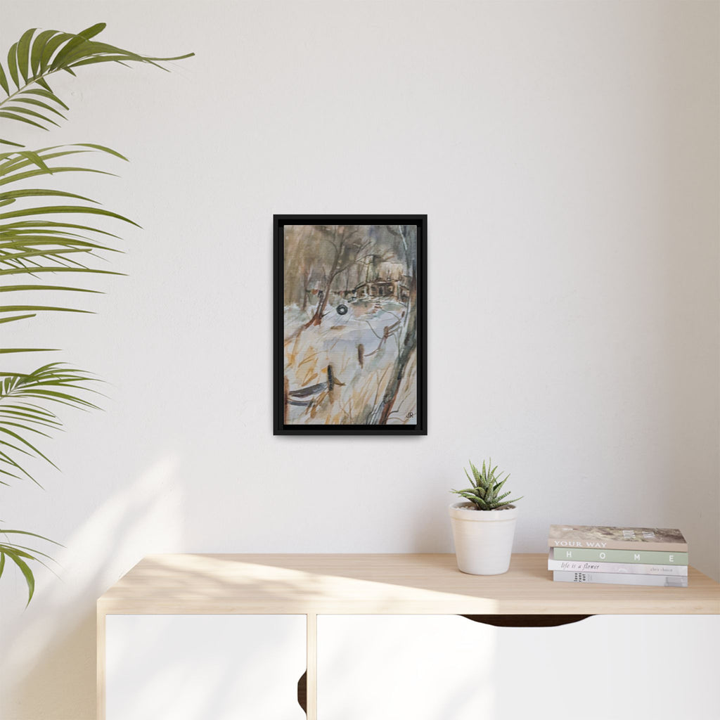 Winter Cabin Landscape Framed Canvas Print