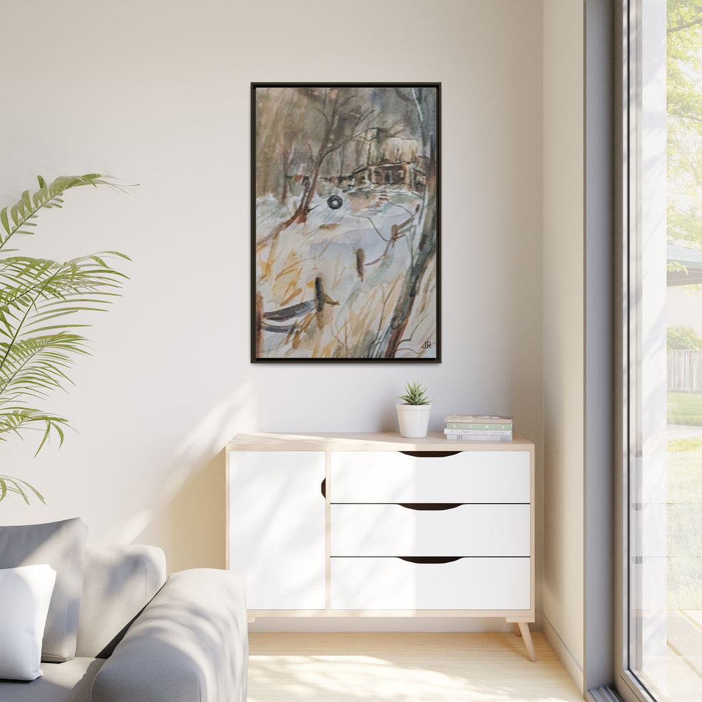Winter Cabin Landscape Framed Canvas Print
