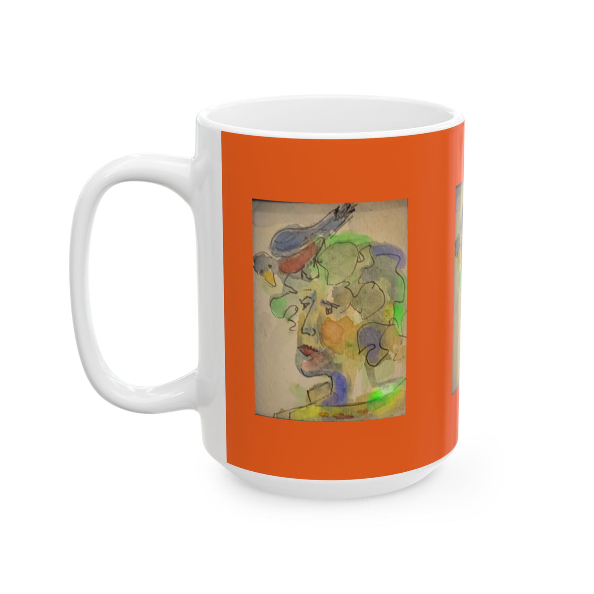 Abstract Watercolor Face & Bird Mug | Ceramic Orange Accent