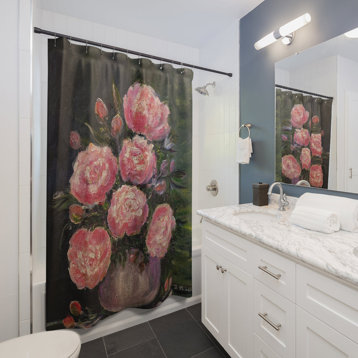 Romantic Pink Peonies Shower Curtain — Floral Vintage Oil Painting Bathroom Decor