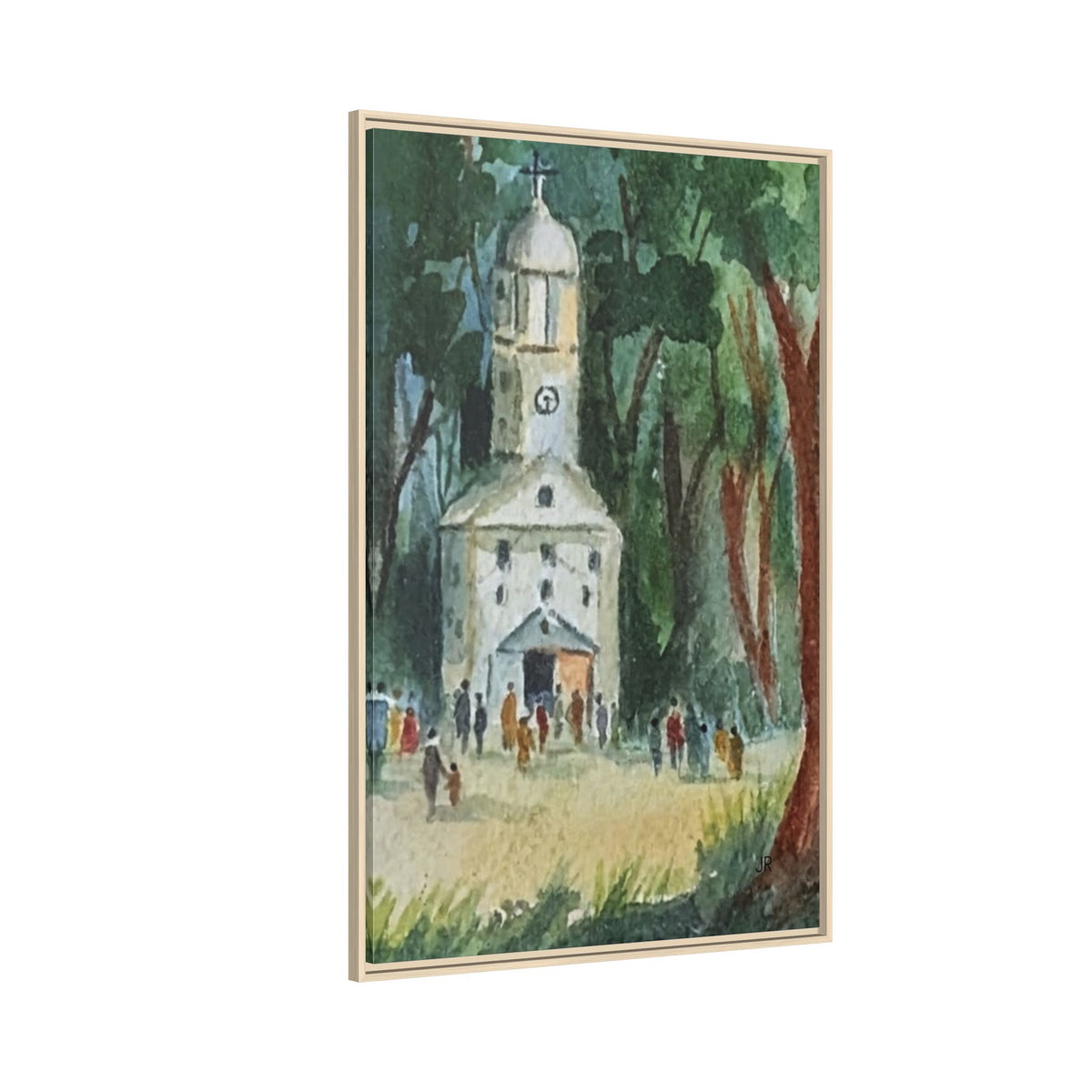 Watercolor Church Framed Matte Canvas Print  in Woodland Scene