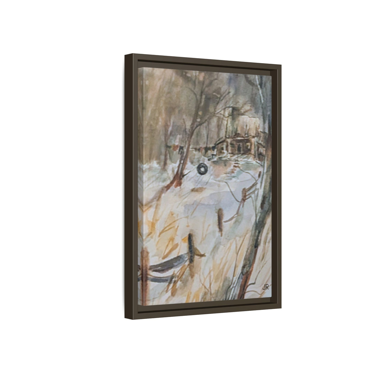 Winter Cabin Landscape Framed Canvas Print