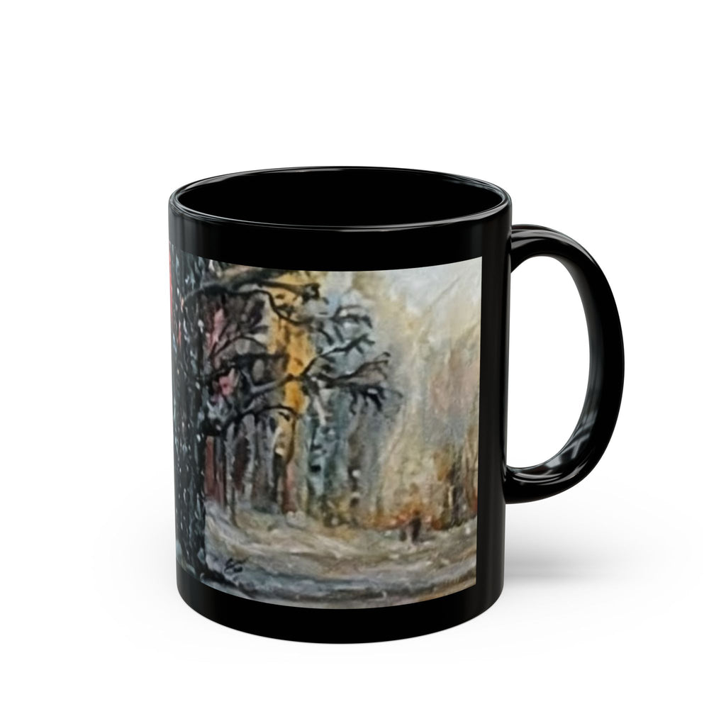 Snowy Forest Painting Mug | Snowy Tree Landscape on Black Ceramic