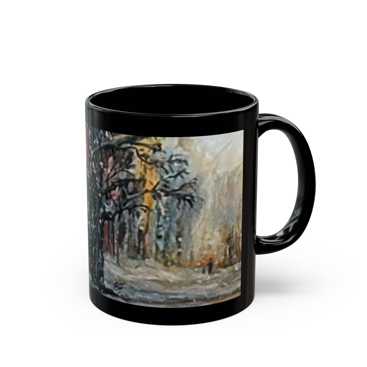 Snowy Forest Painting Mug | Snowy Tree Landscape on Black Ceramic