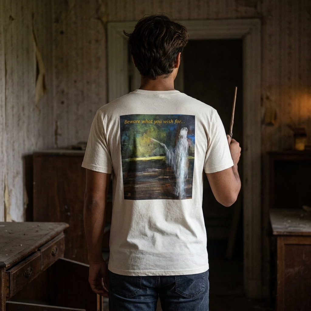 Ghostly Figure Makes Wishes Back Print T-Shirt | Minimal Script Logo