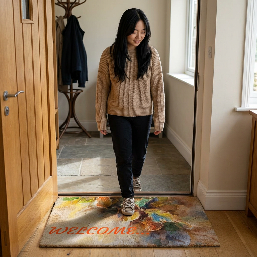 Autumn Watercolor Leaves Welcome Doormat | Polyester Door Mat
