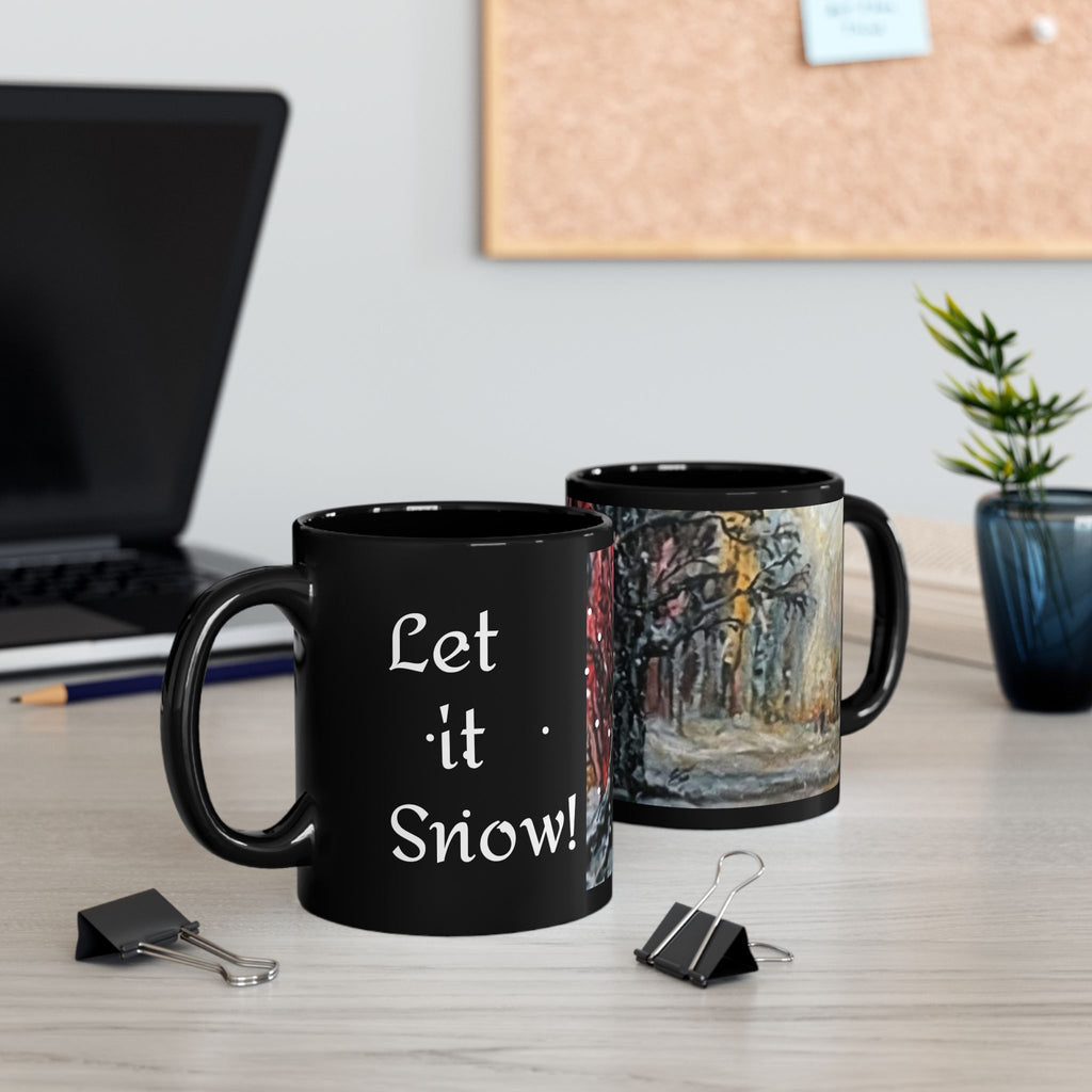 Snowy Forest Painting Mug | Snowy Tree Landscape on Black Ceramic