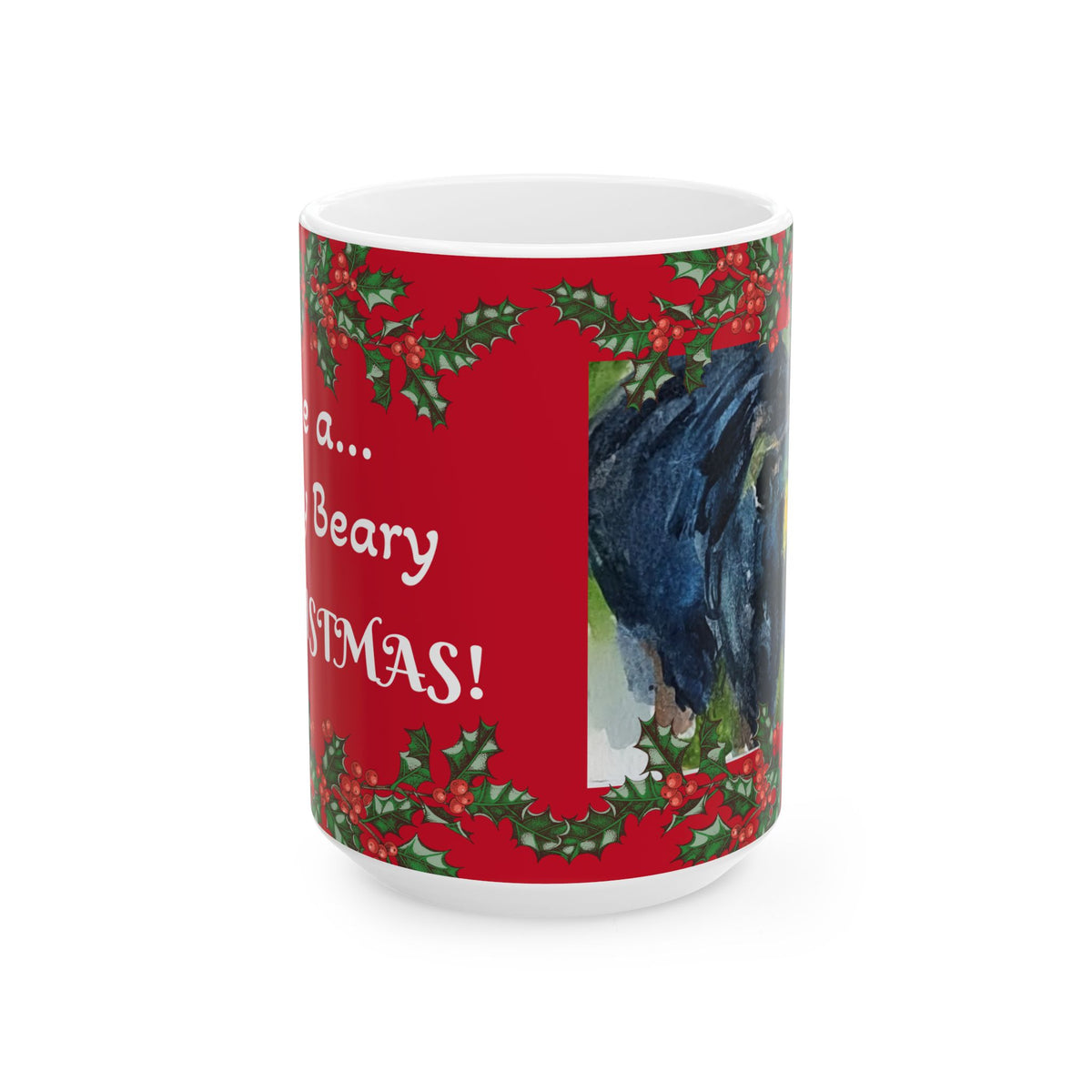 Black Bear Christmas Holly Border Mug | Festive Holiday Coffee Cup