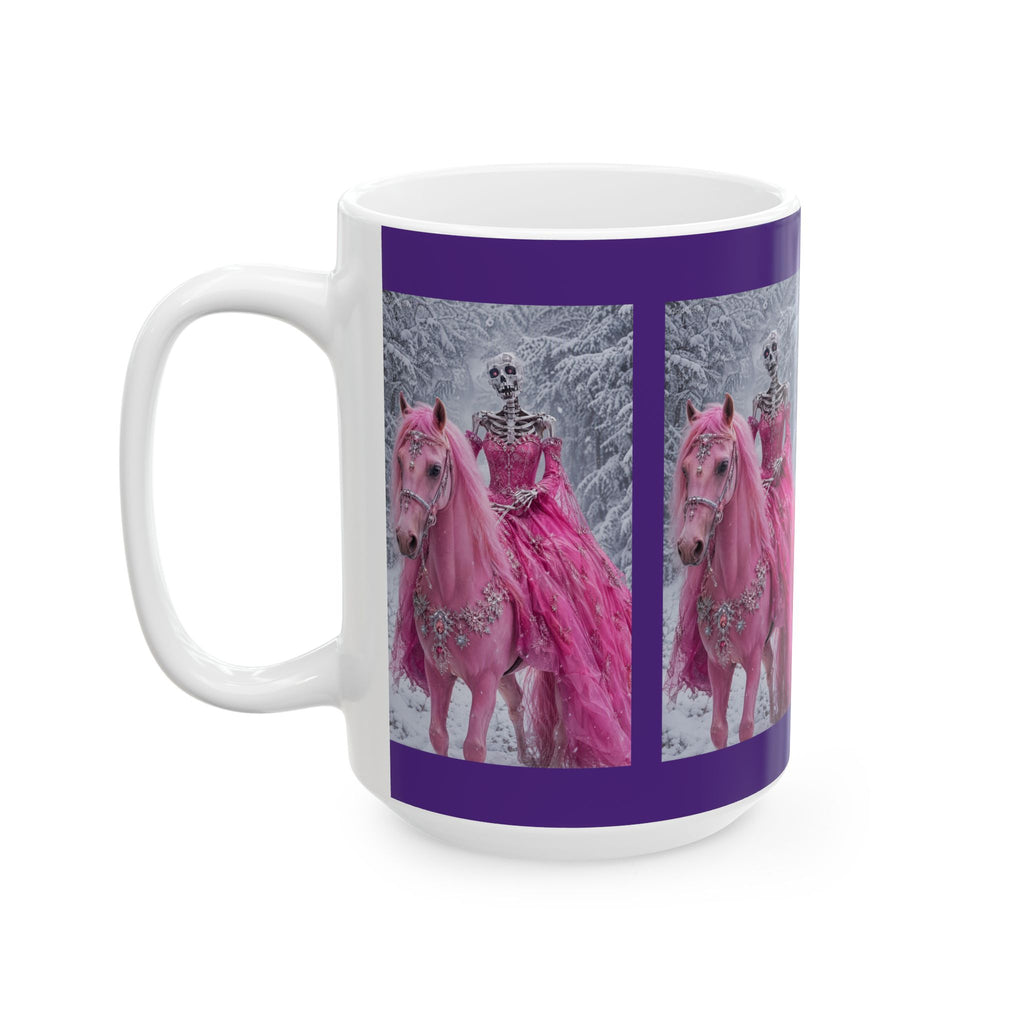 AI Pretty in Pink Skeleton on Horse Ceramic Mug