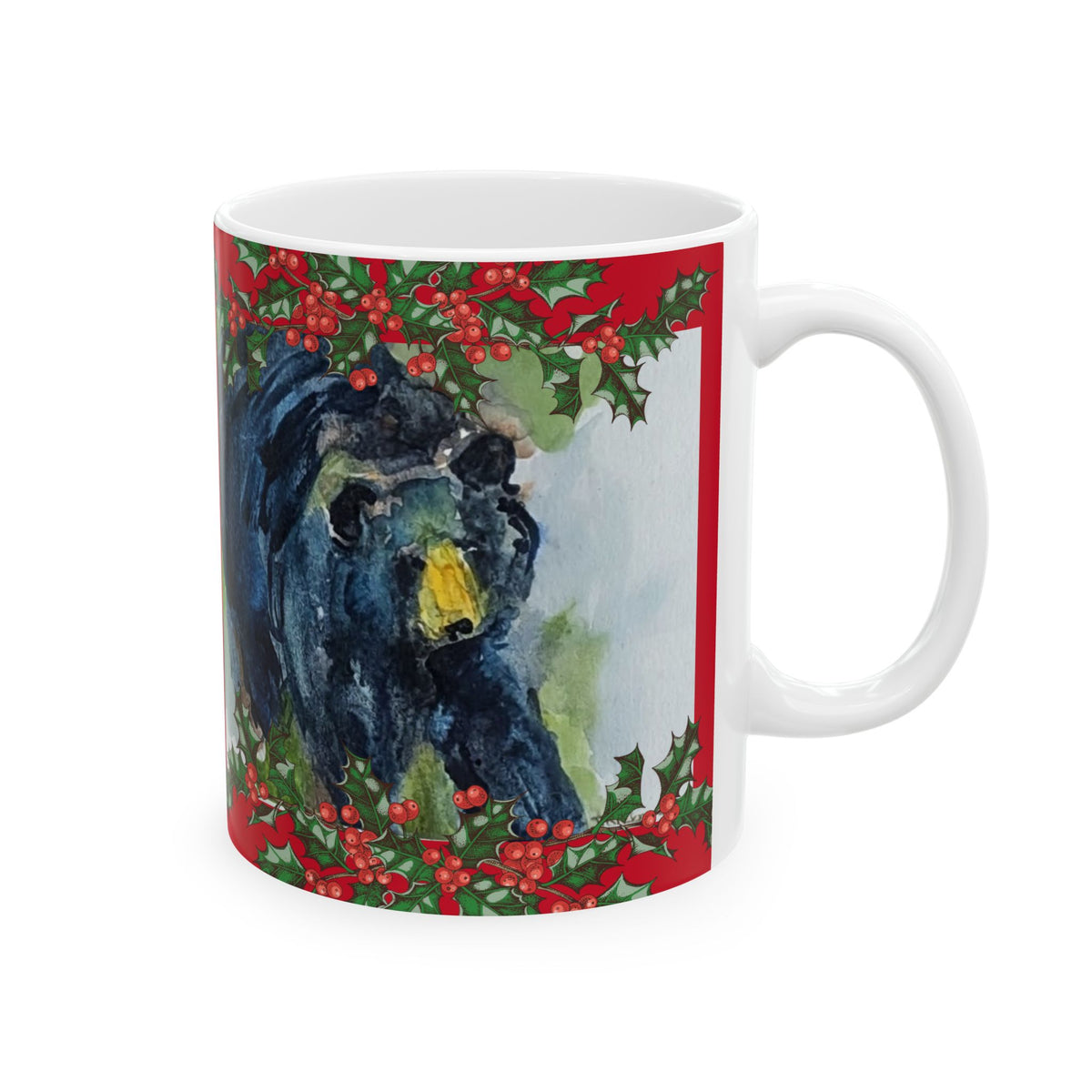 Black Bear Christmas Holly Border Mug | Festive Holiday Coffee Cup
