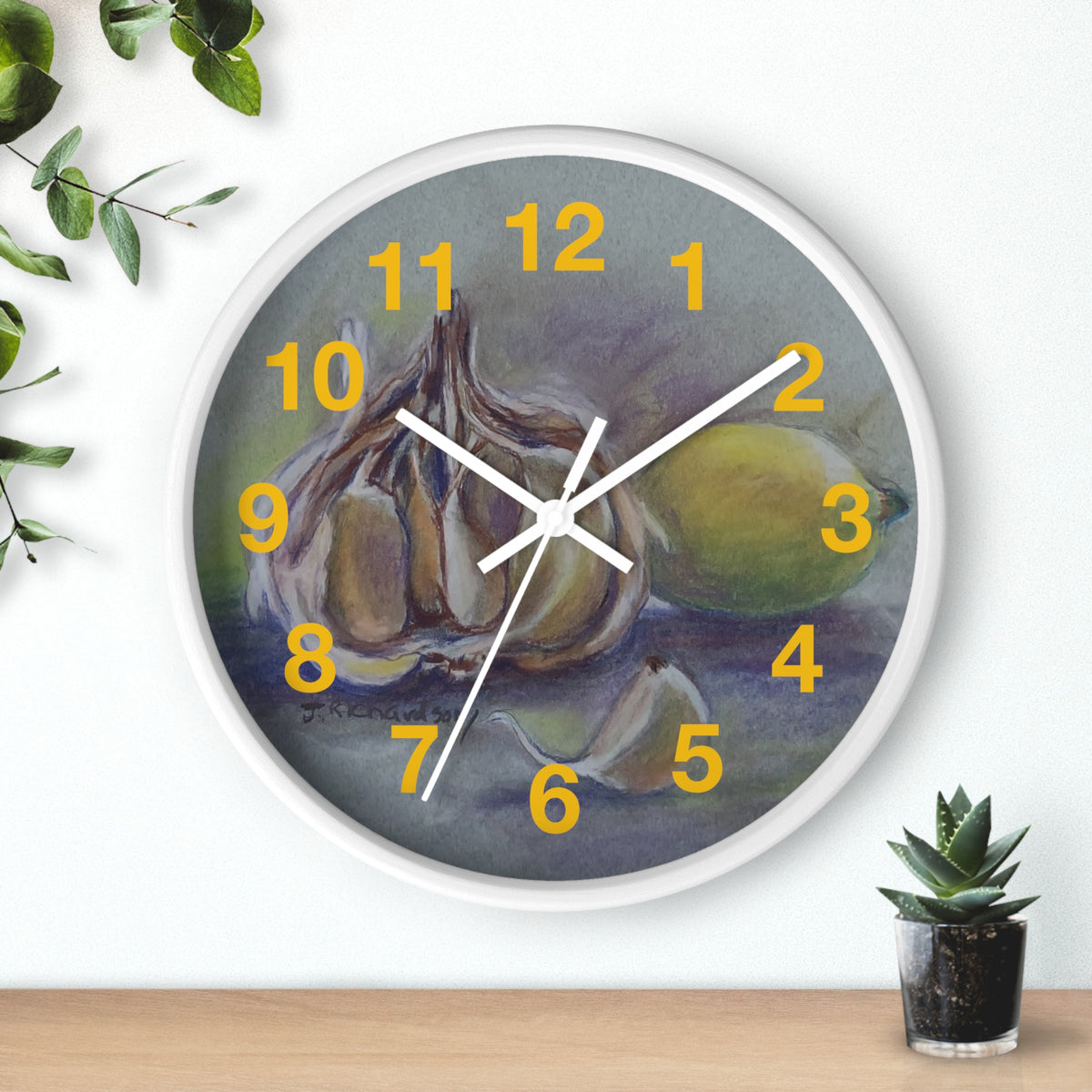 Garlic & Lemon Kitchen Wall Clock — Still Life Food Art Home Decor