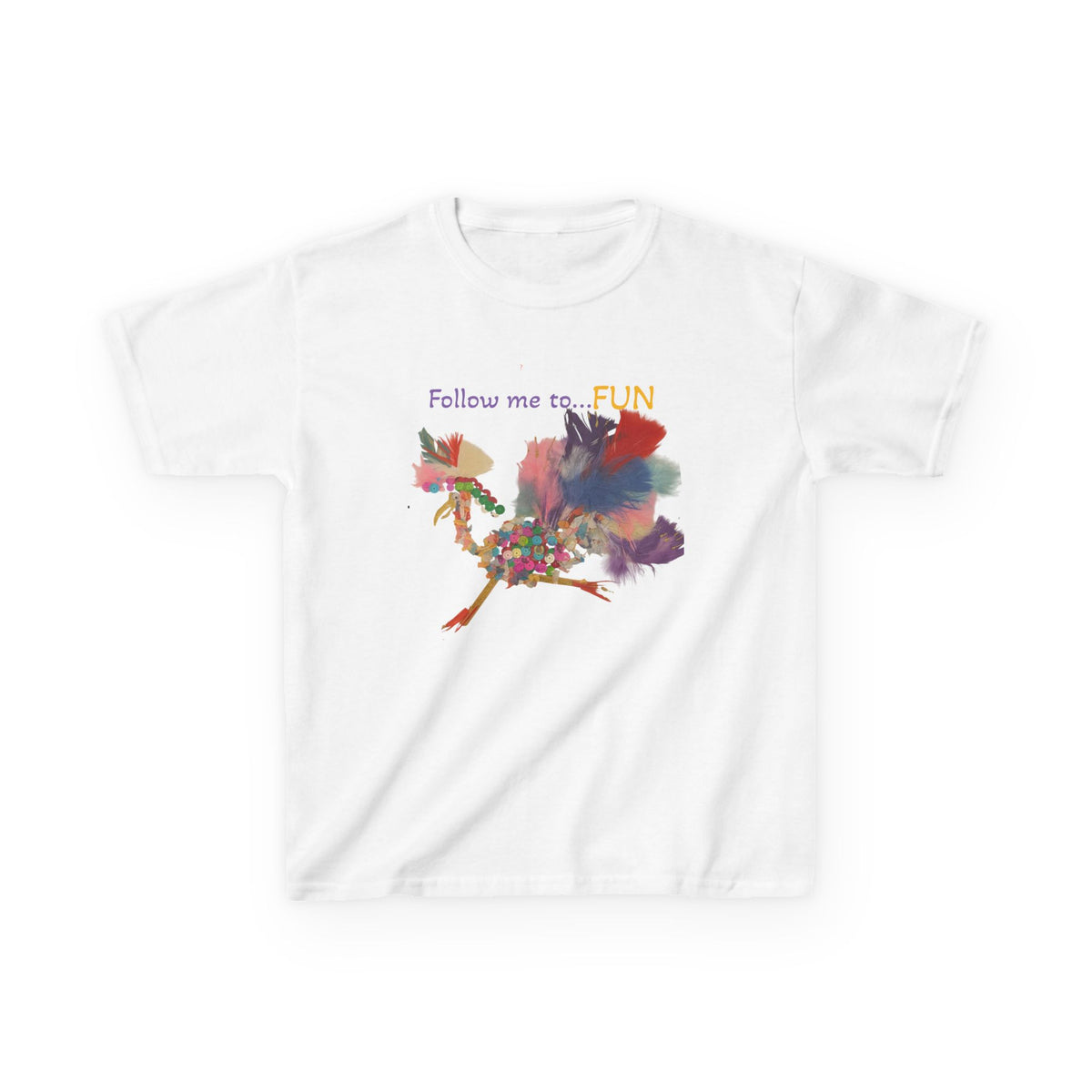 Follow Me to Fun l feathery bird l Kids Tee | colorful whimsical bird design
