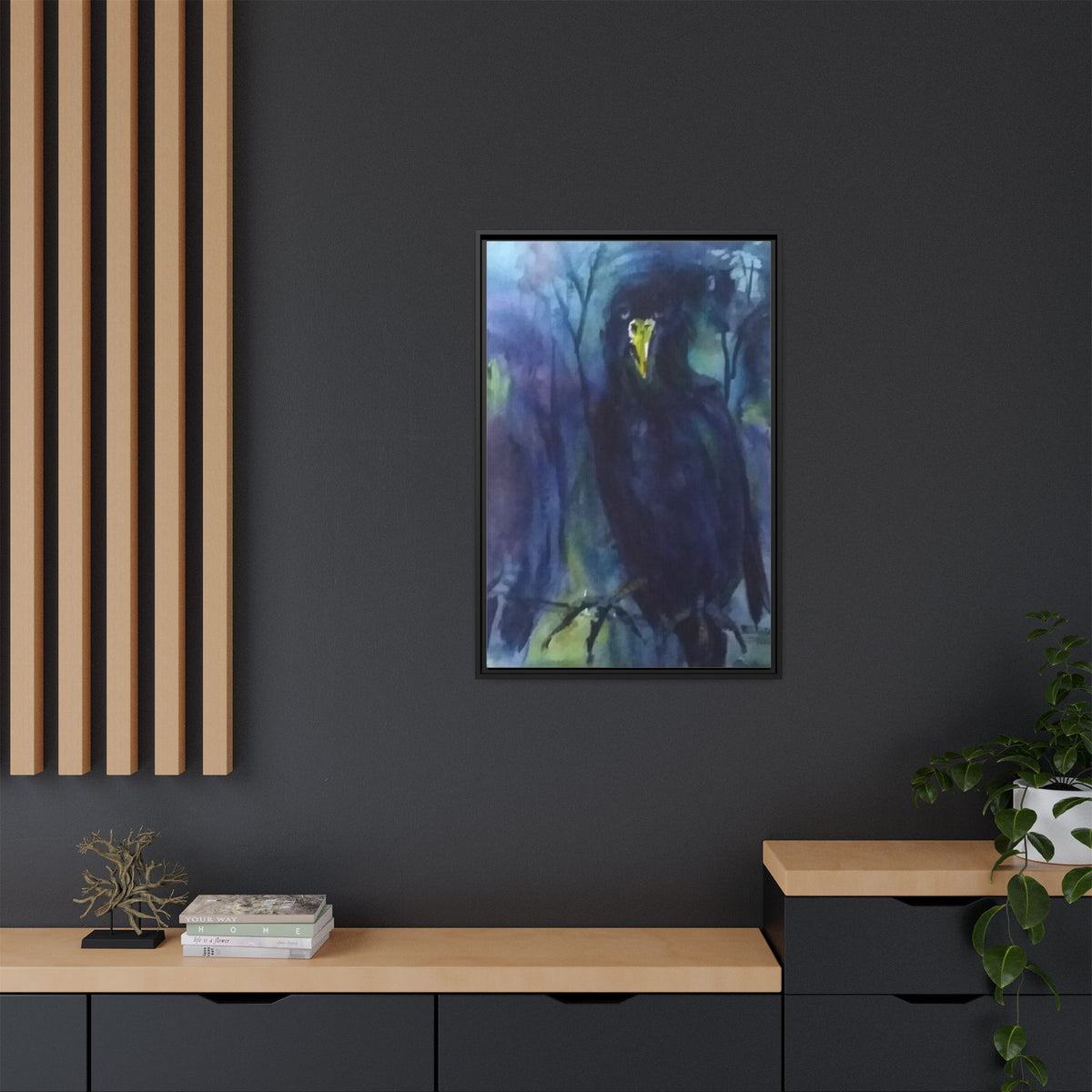 Framed Matte Canvas Print — Moody Black Raven Artwork
