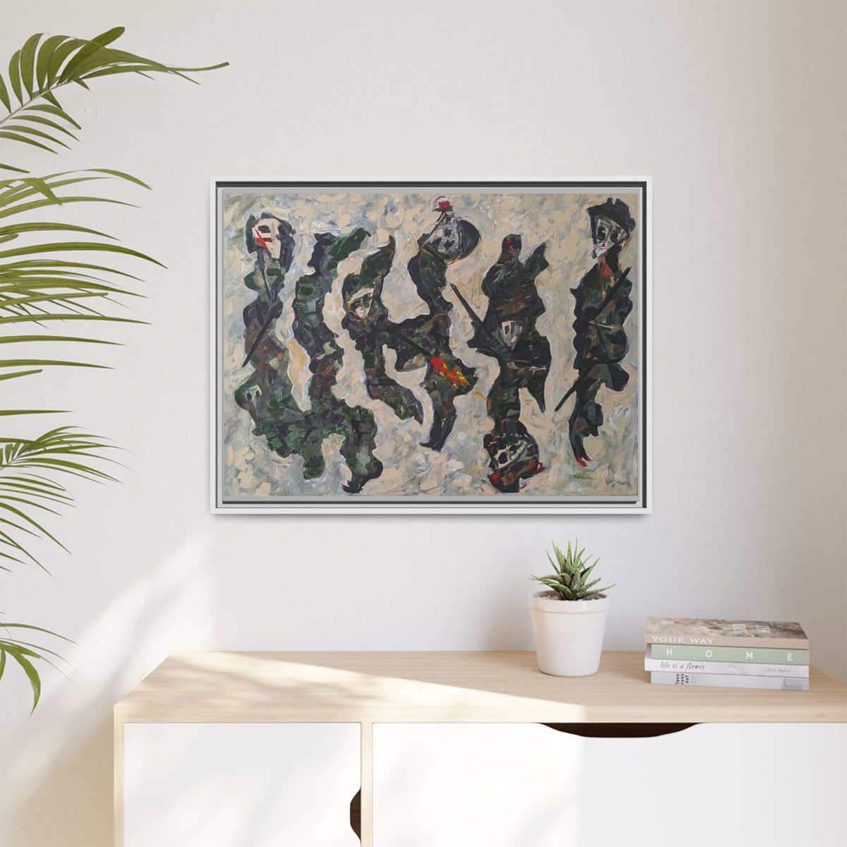 Abstract Military Figurative Matte Canvas Framed Wall Art — Multi‑Color