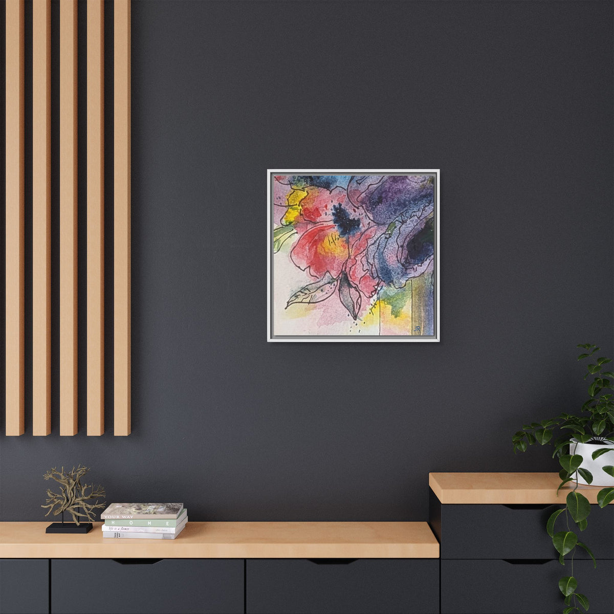 Framed Red Purple Floral Watercolor Canvas Print — Colorful Abstract Poppies
