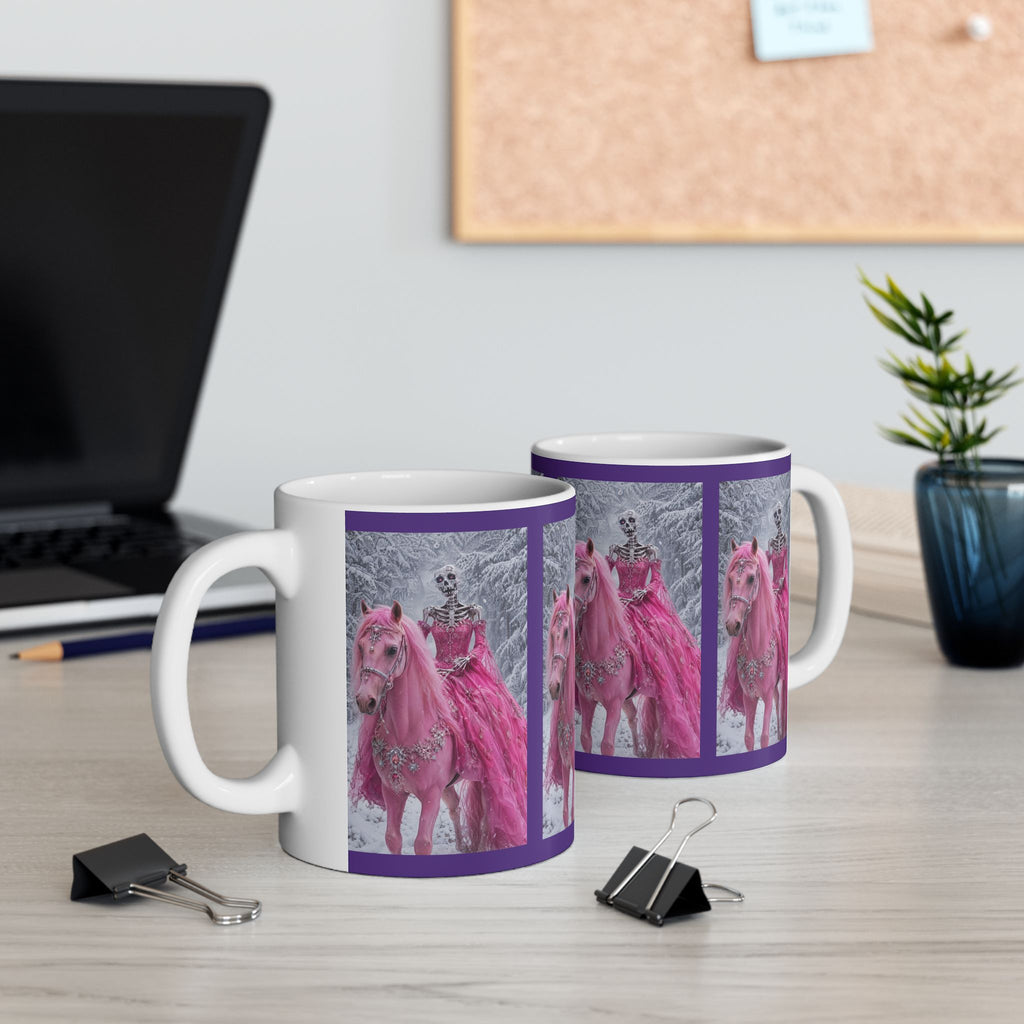 AI Pretty in Pink Skeleton on Horse Ceramic Mug
