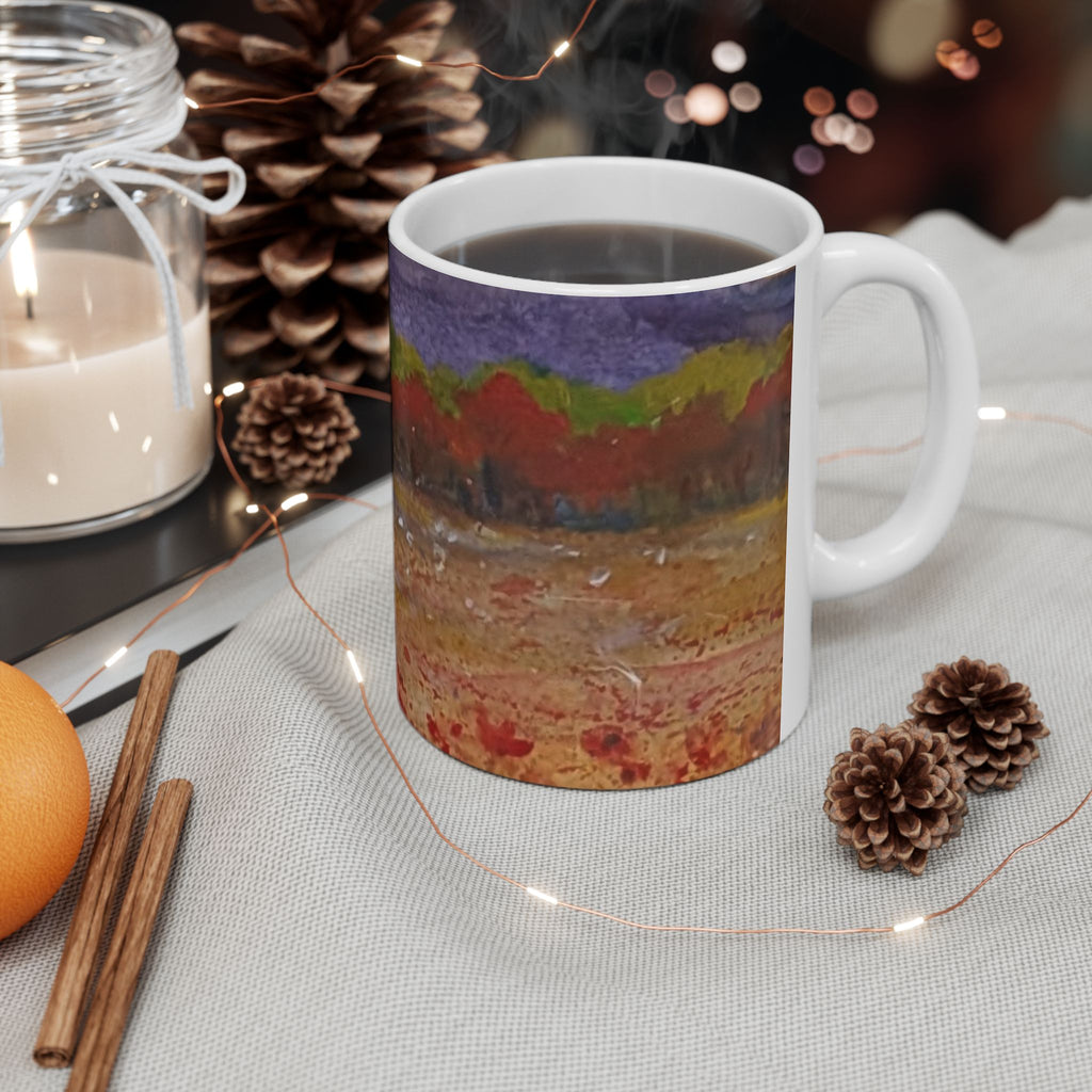 Autumn Field Watercolor Ceramic Mug — Fall Landscape Coffee Cup (11oz, 15oz)