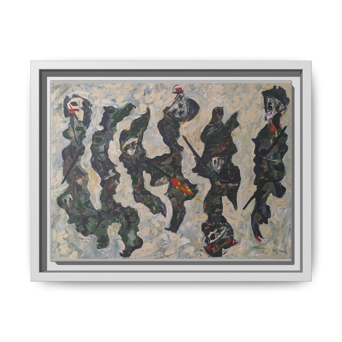 Abstract Military Figurative Matte Canvas Framed Wall Art — Multi‑Color