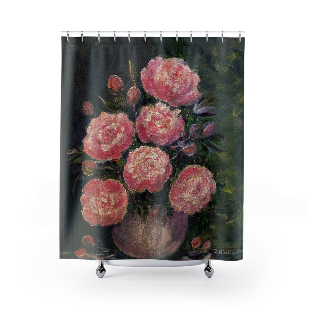 Pink Peony Bouquet Shower Curtain | Floral Oil Painting Bathroom Decor