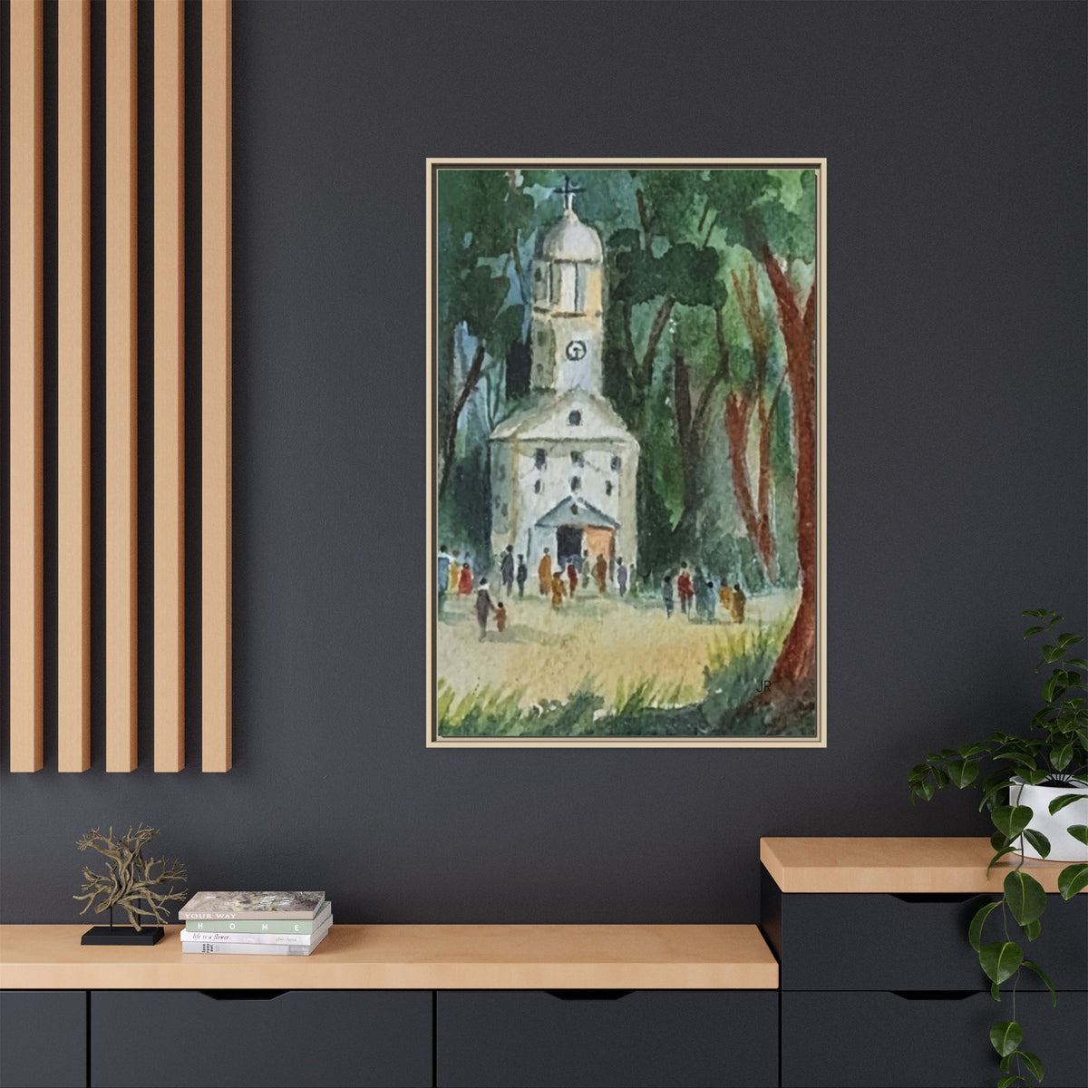 Watercolor Church Framed Matte Canvas Print  in Woodland Scene