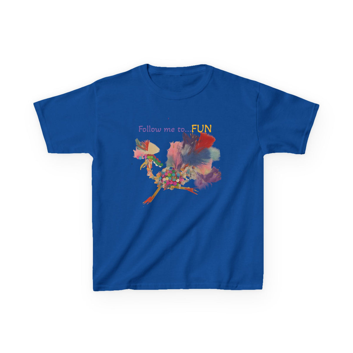 Follow Me to Fun l feathery bird l Kids Tee | colorful whimsical bird design