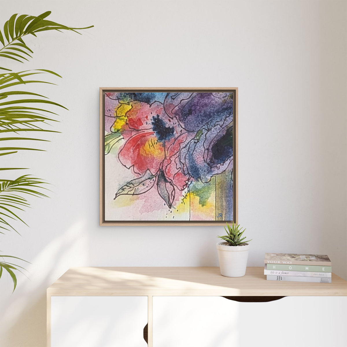 Framed Red Purple Floral Watercolor Canvas Print — Colorful Abstract Poppies