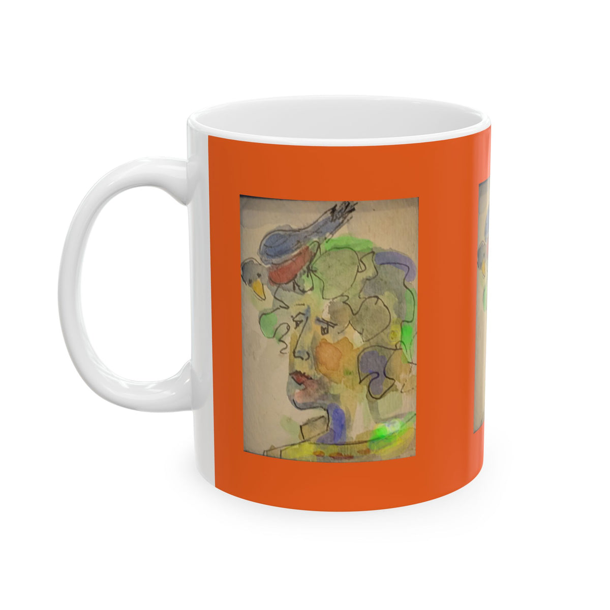 Abstract Watercolor Face & Bird Mug | Ceramic Orange Accent