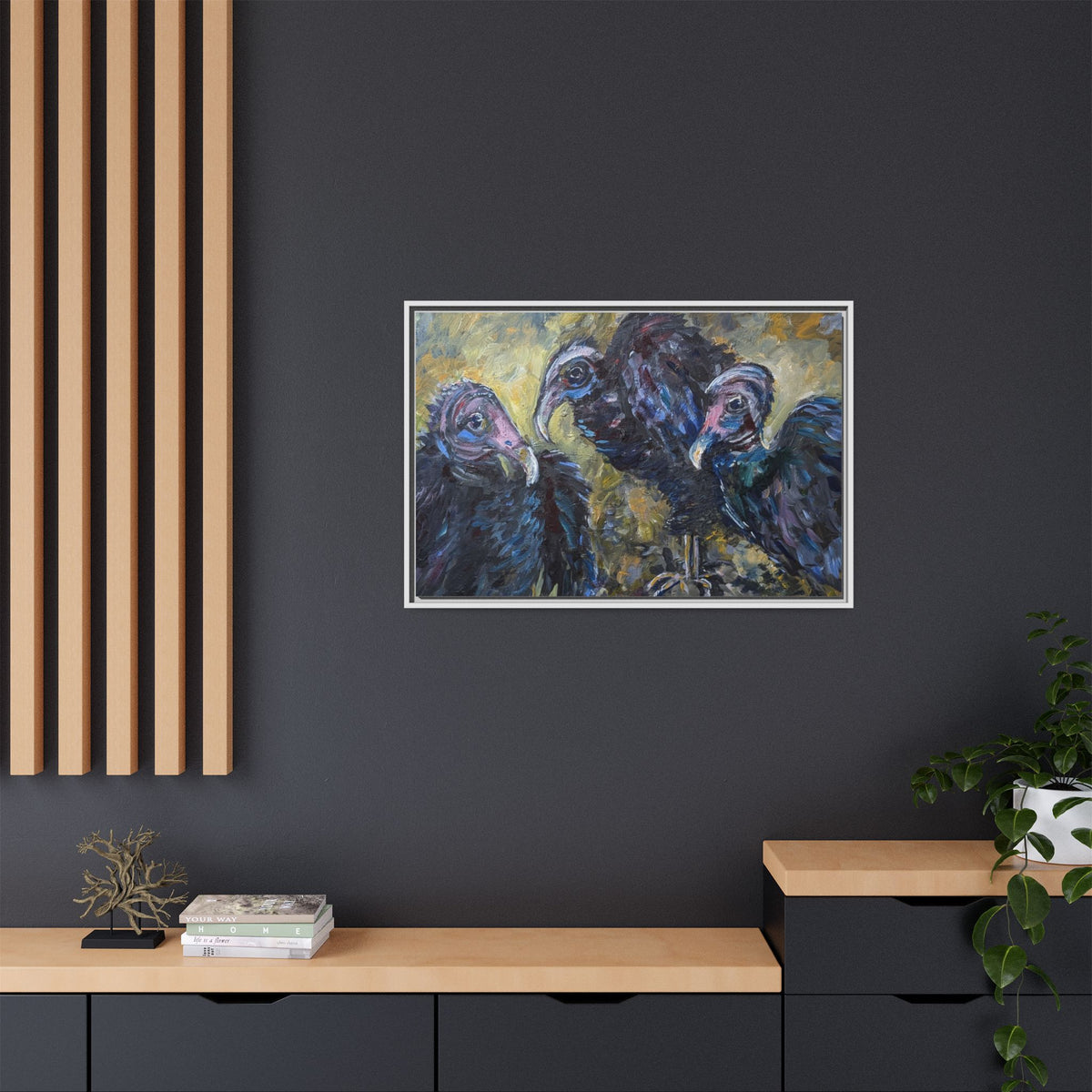 3 Vultures Painting  Framed Matte Canvas